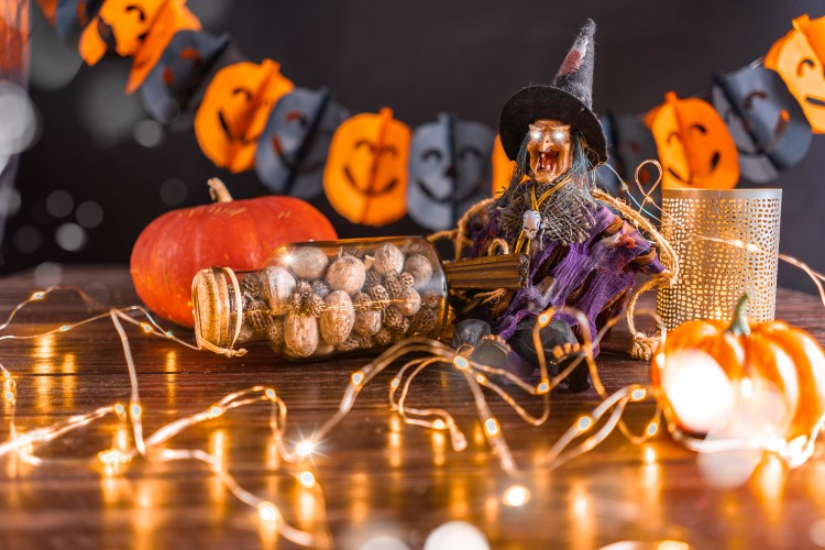 halloween-composition-with-toy-witch-nuts-and-lights-garland