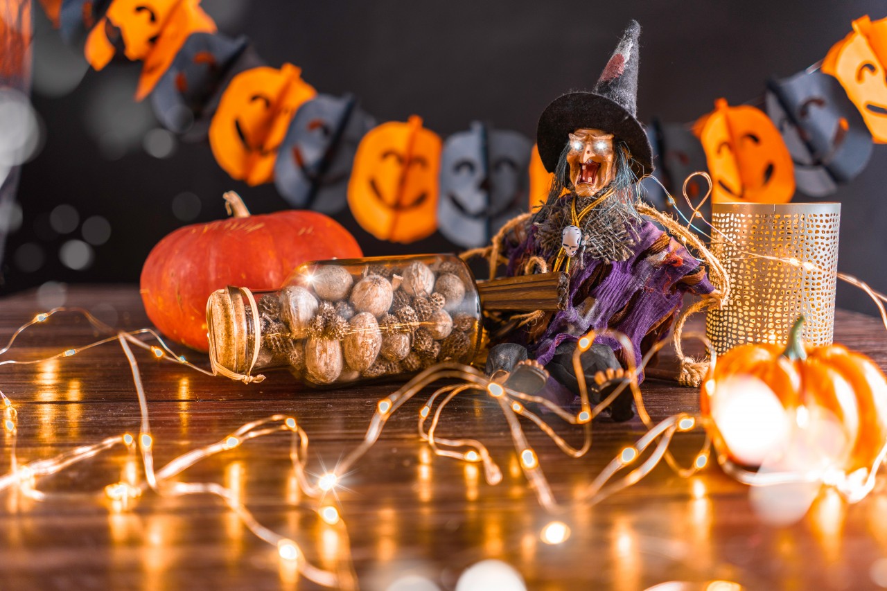 Halloween composition with toy witch, nuts and lights garland
