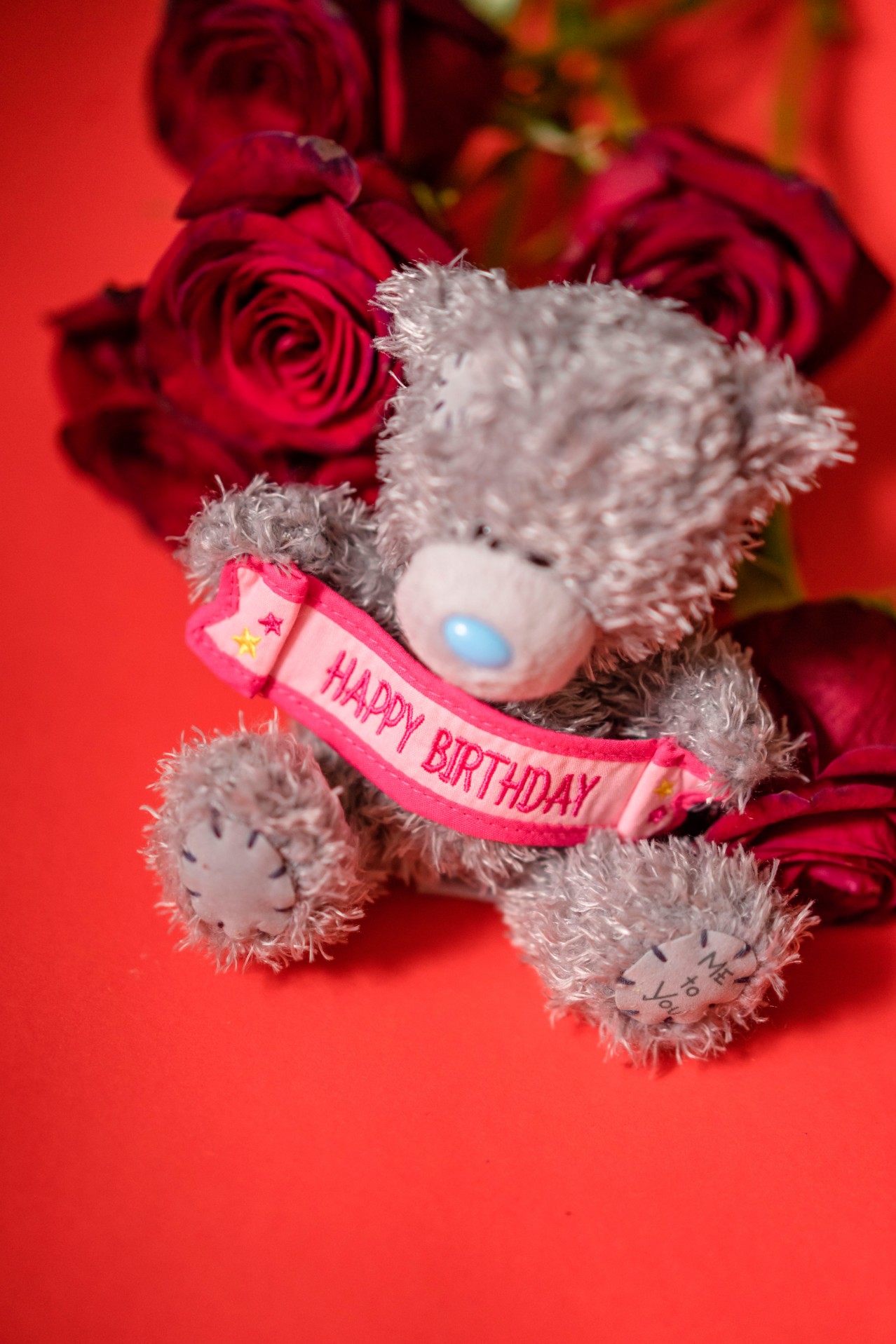 Cute Teddy Bear and rose bouquet on red background