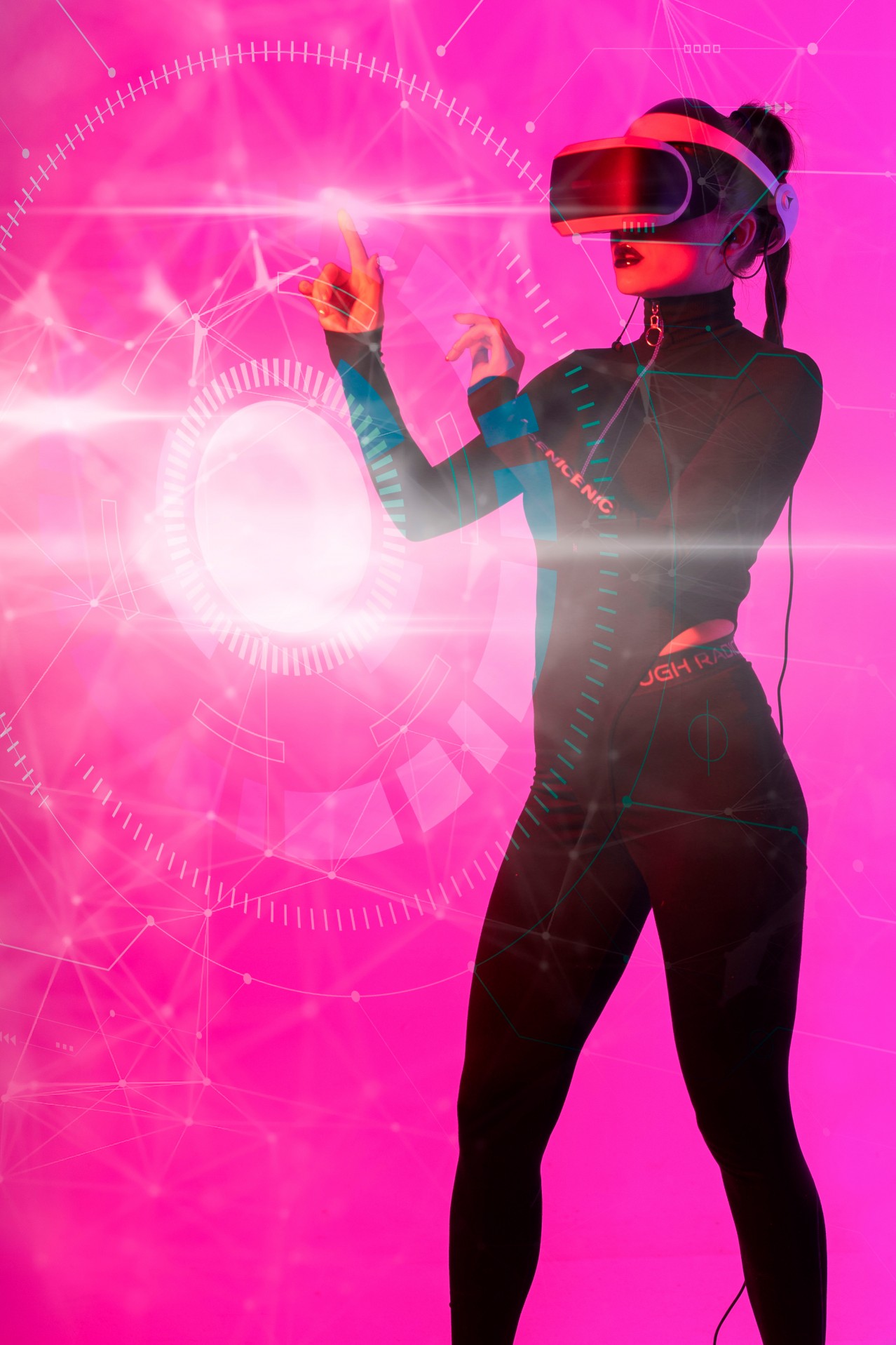 A Girl in Virtual Reality Glasses Uses a Futuristic Screen