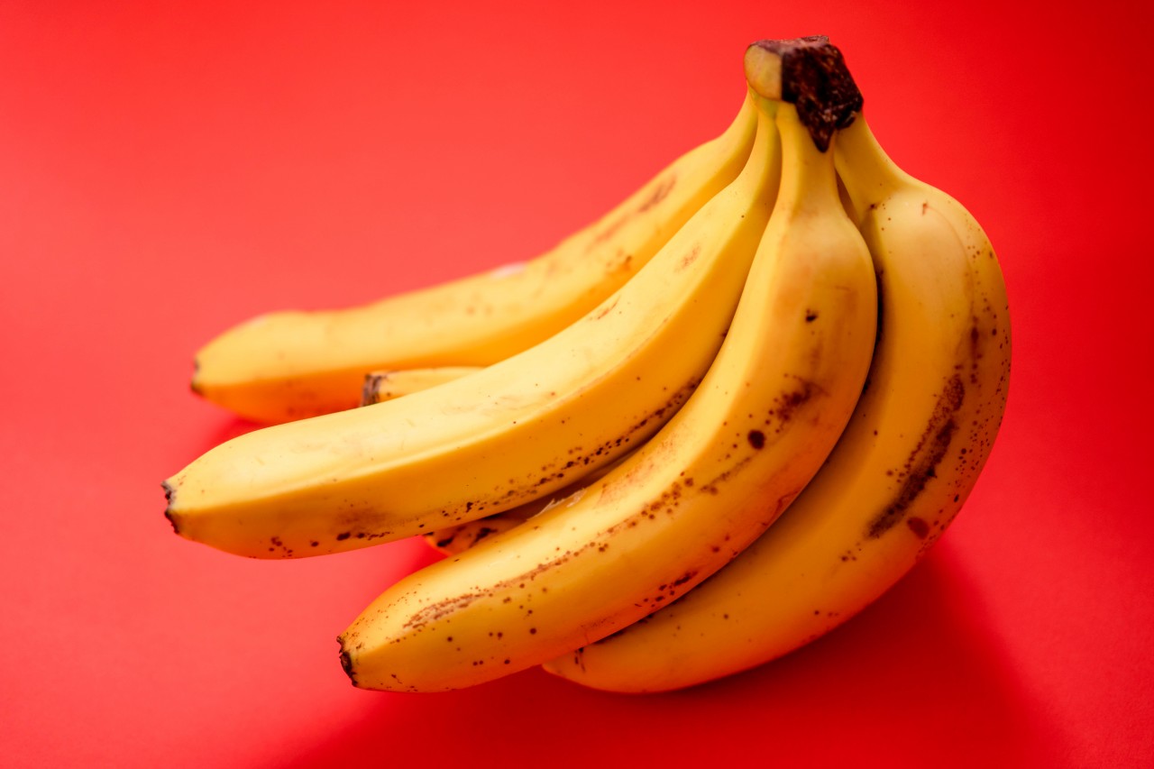 A bunch of bananas on red background