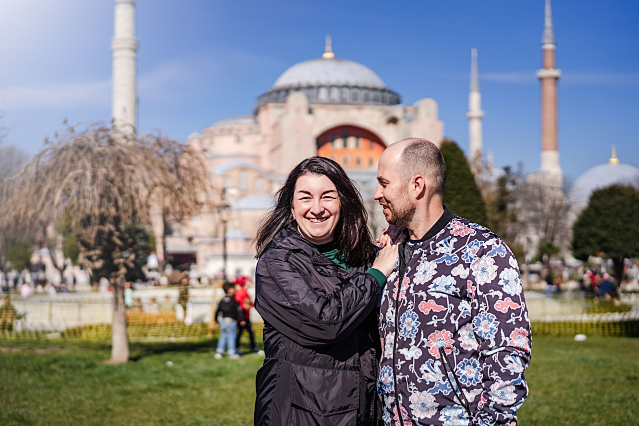 A Married Couple on the Background of the Turkish Mosque