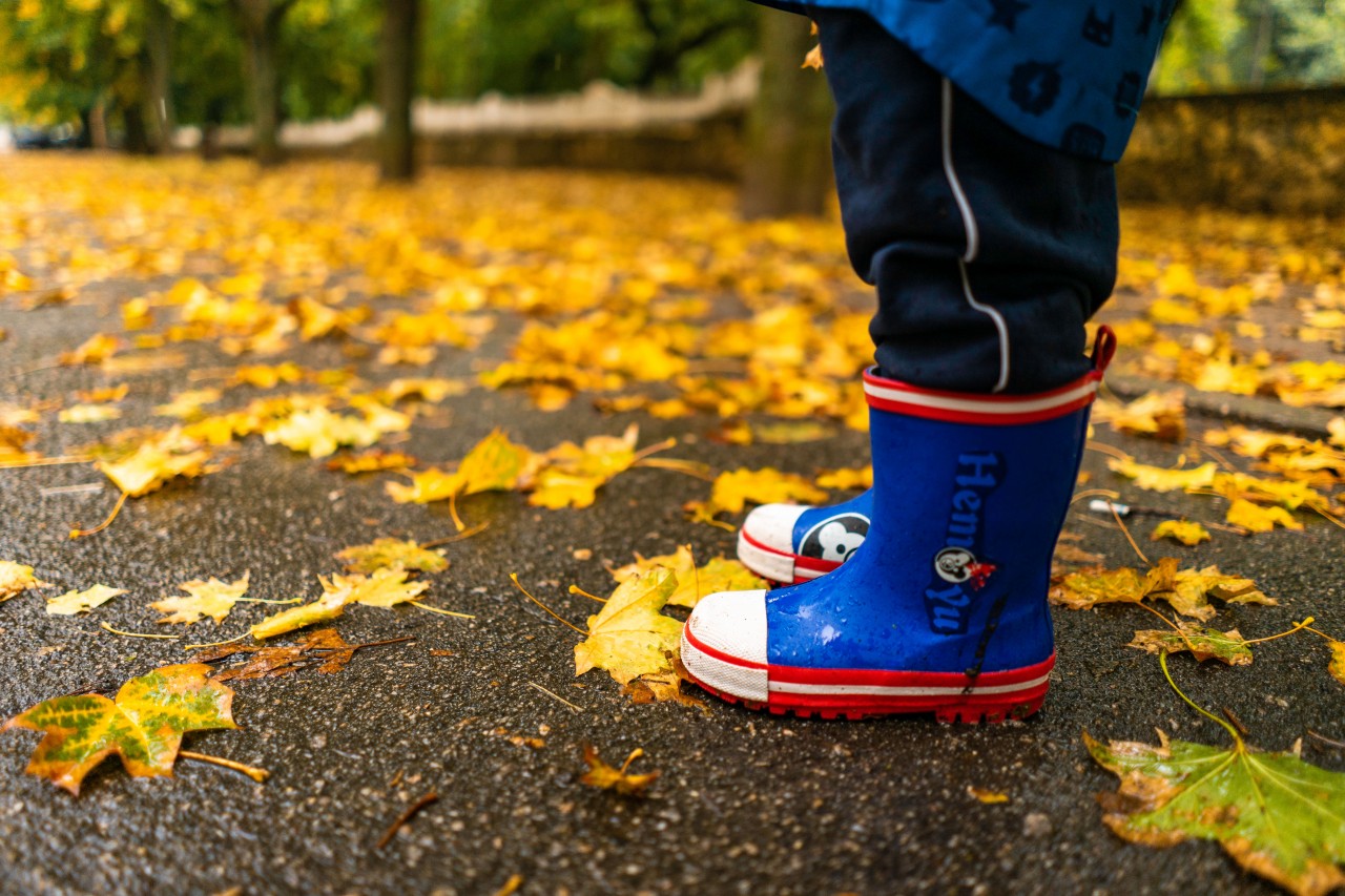 Children’s Rubber Boots on the Feet of a Child in the Autumn