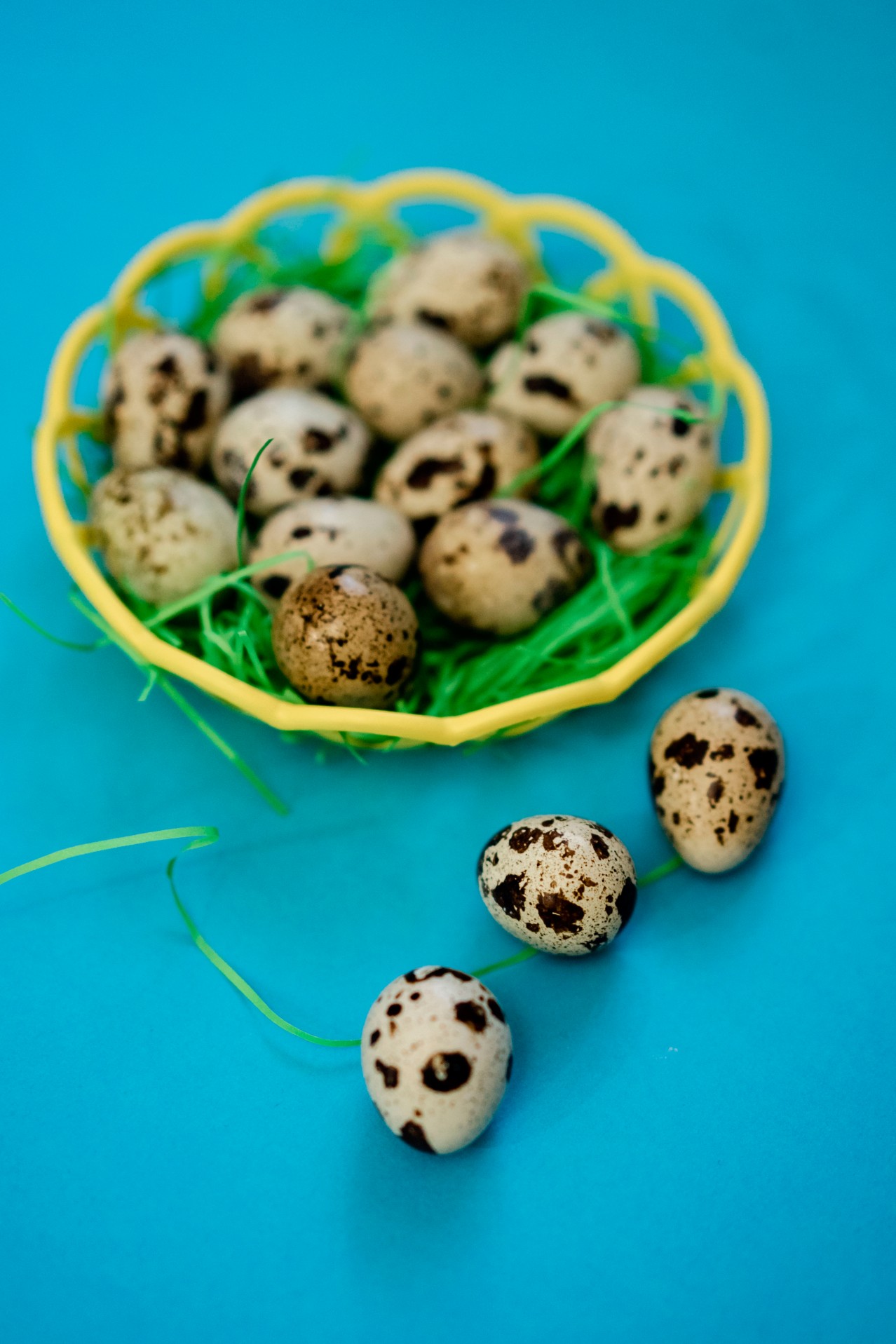 Plate with quail eggs on the blue surface