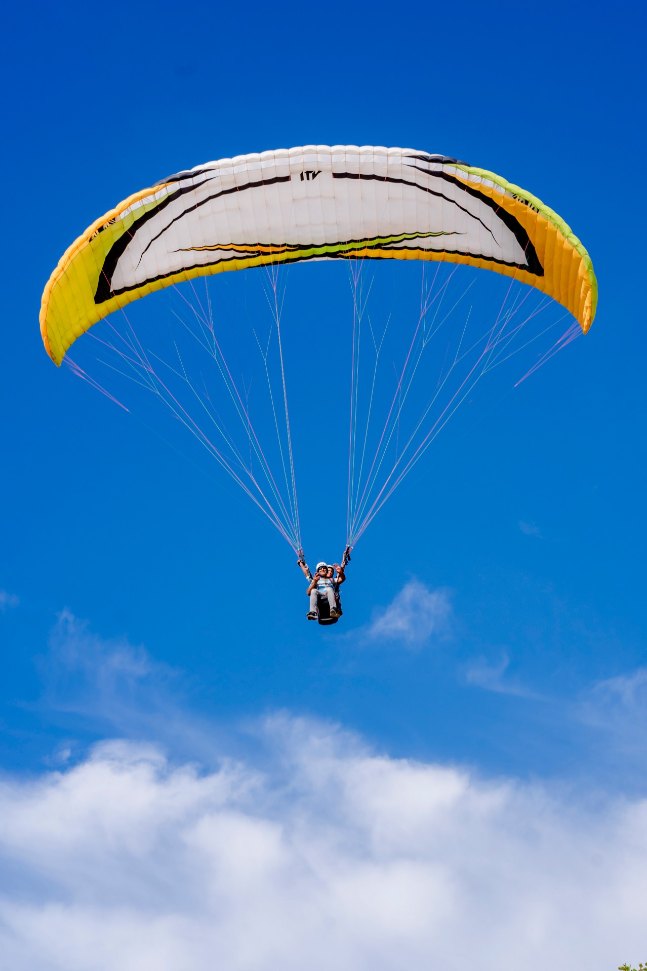 People flying in the sky with paraglider