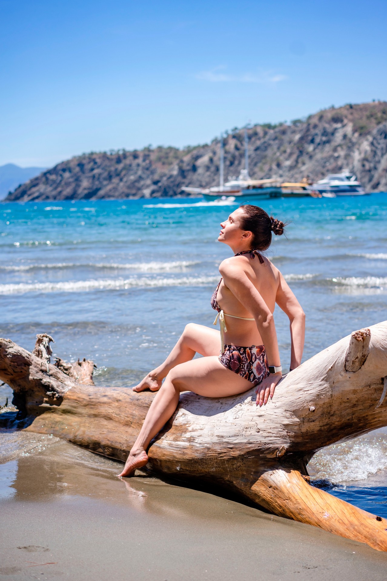 Woman in bikini sitting on the log at the beach