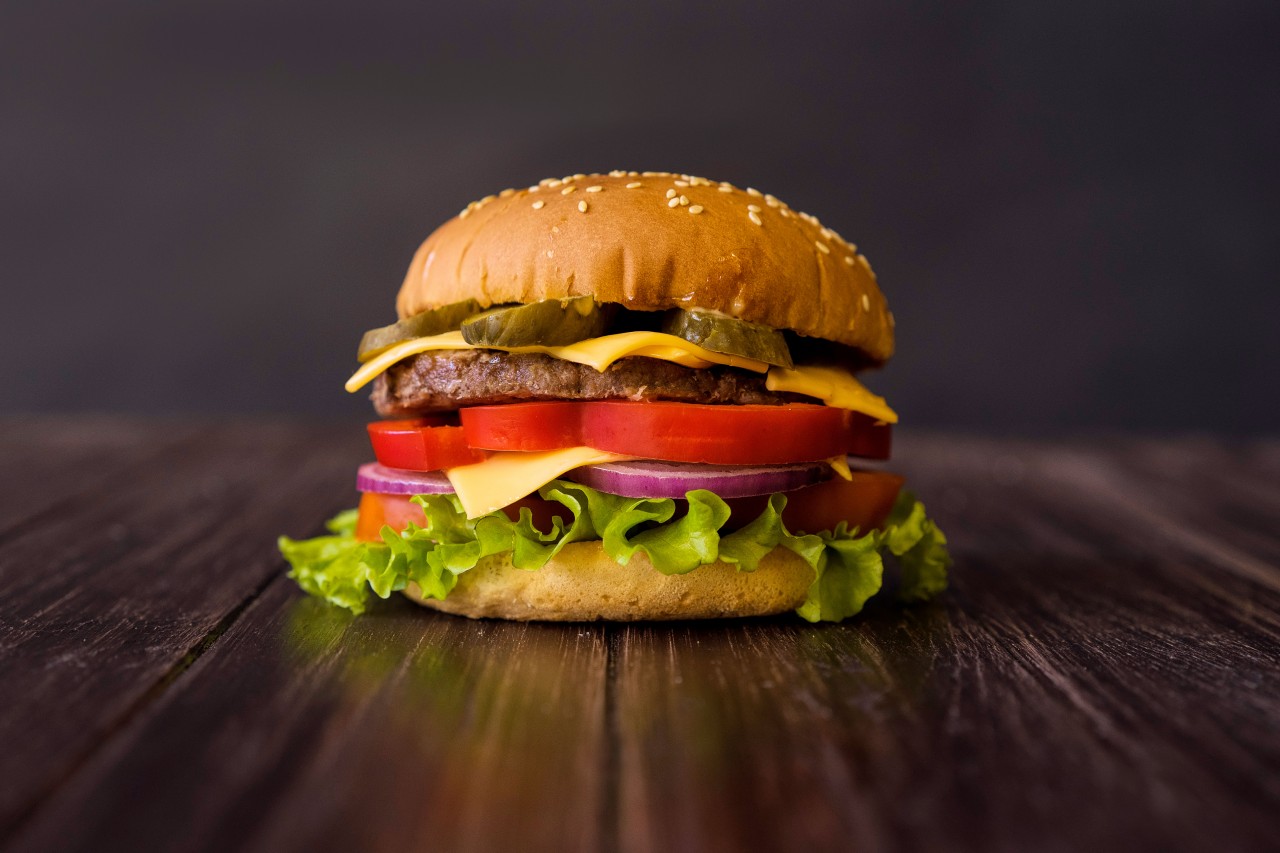 Hamburger on a Dark Wooden Background
