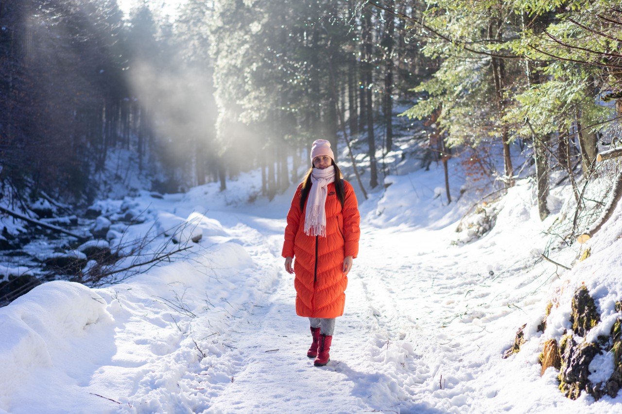 Girl in Warm Clothes in the Winter Forest