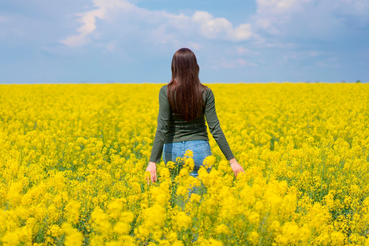 Woman posing in yellow flowering field