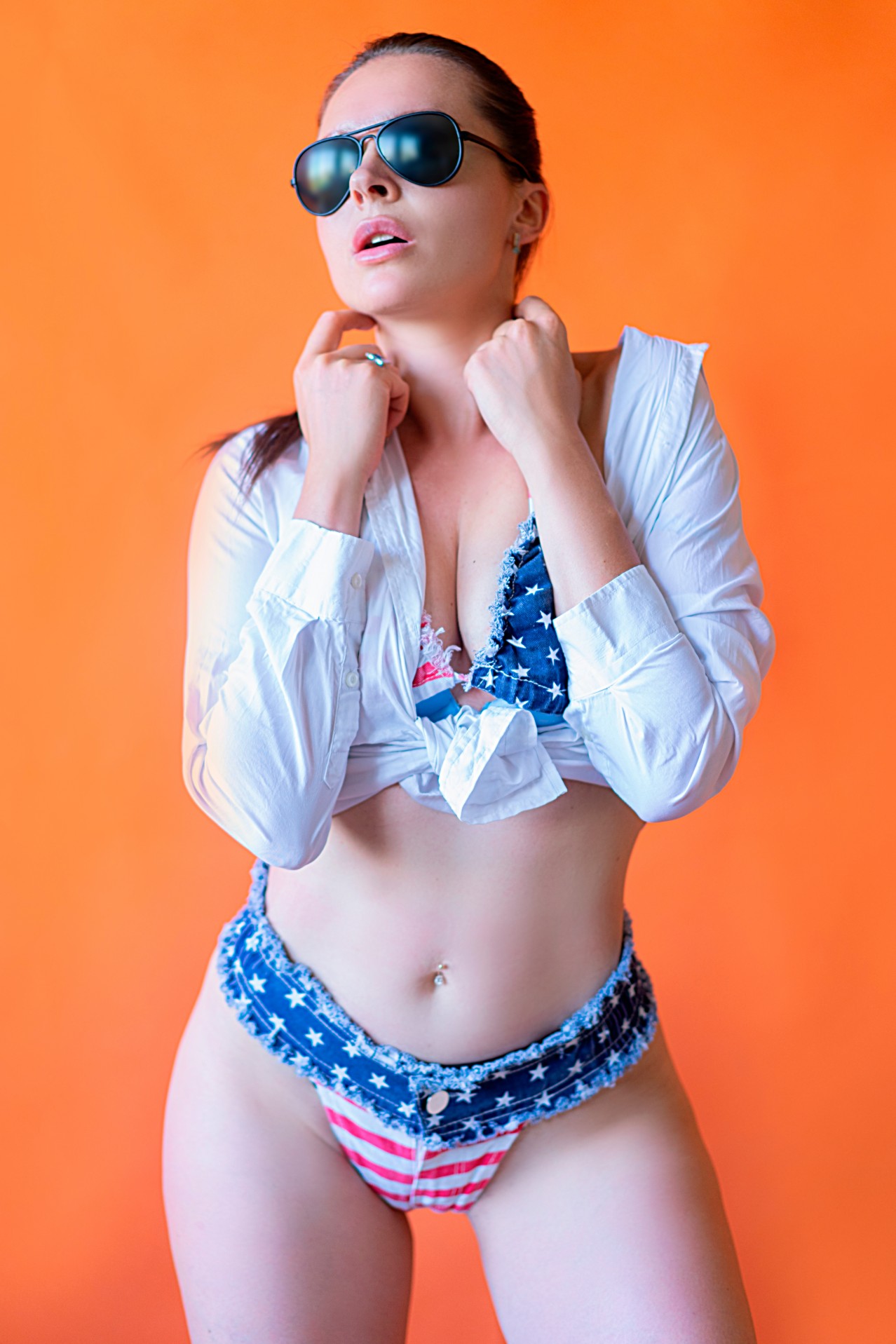 Sexy woman in denim bikini with usa pattern